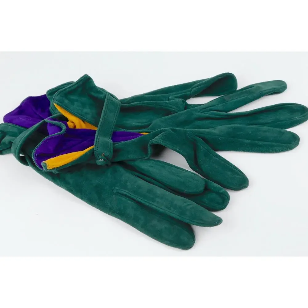 Vintage Emerald Green Suede Leather Colorblock Fan Ruffle Gloves Size 7.5